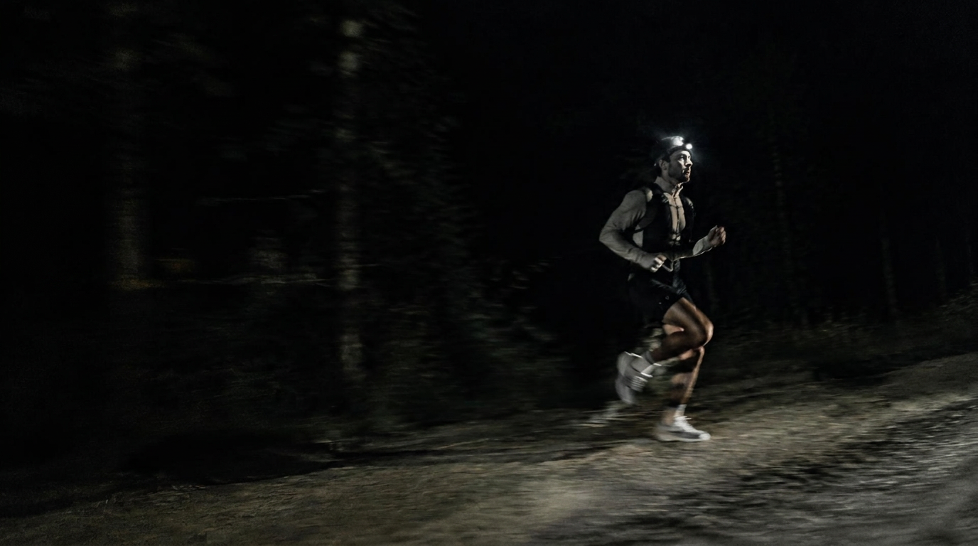 Coureur de nuit à la frontale sur une route en forêt